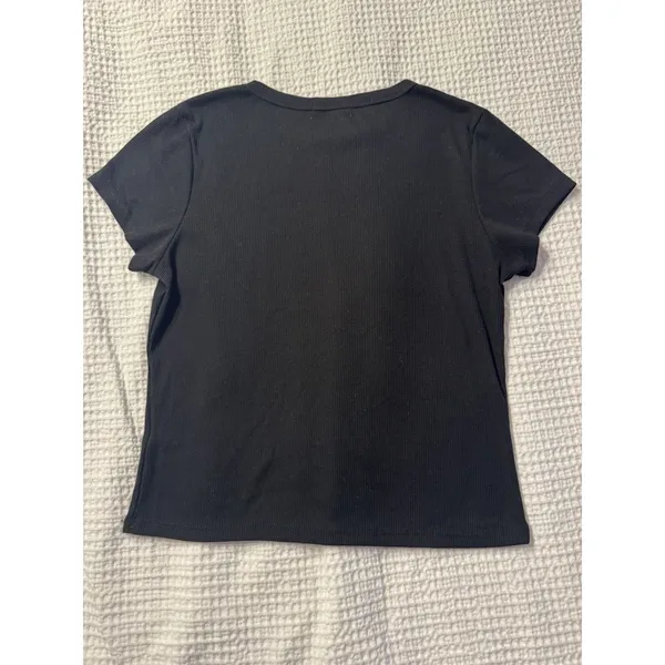 Riley & James Black Baby Tee XL Cropped Rhinestone Heart Flames Embellished Y2K - Image 5