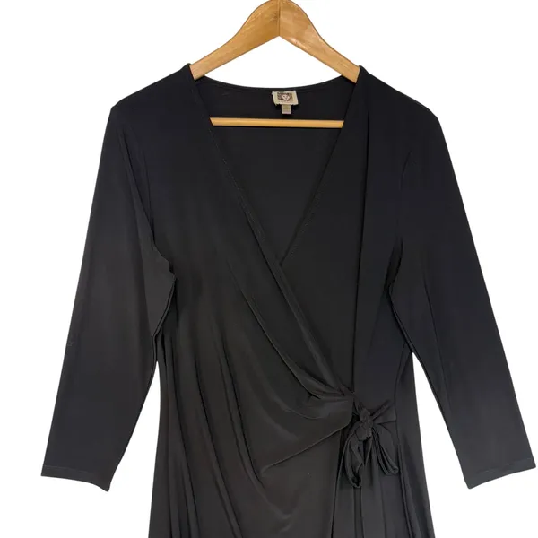 Anne Klein Black Faux Wrap Waist Long Sleeve Midi Dress Feminine Versatile 10‎ - Image 3