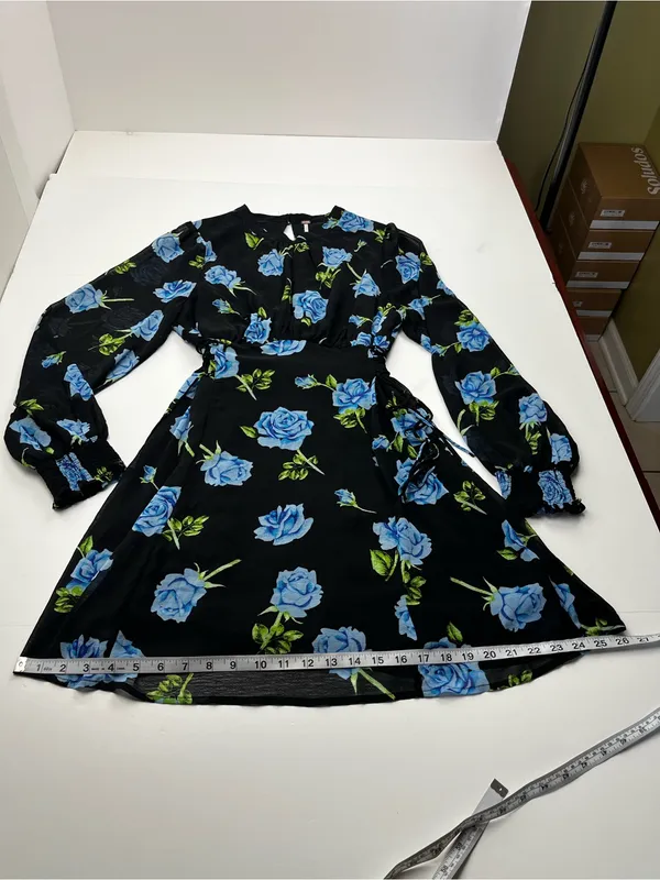 Free People Samantha Lace Up Mini Dress Black Floral Blue Combo Womens Large - Image 12
