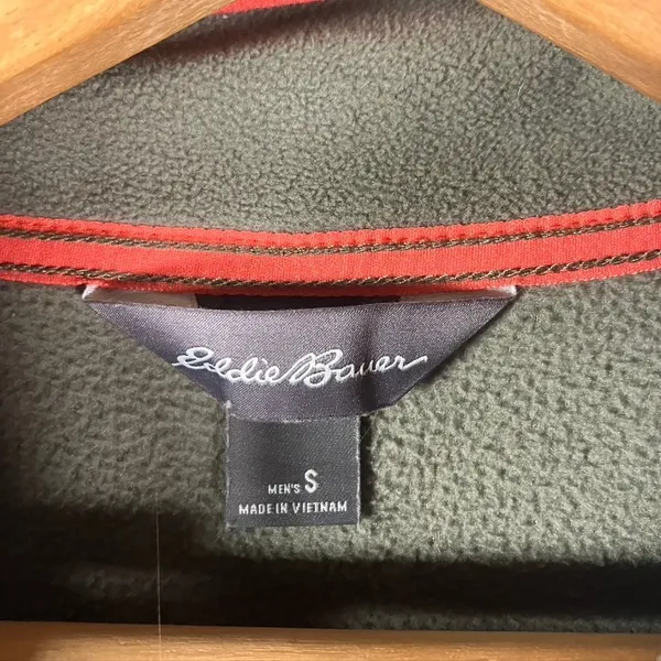 Eddie Bauer Fleece Pullover Mens Small Snap‎ Button Pocket Olive Green Beige - Image 4