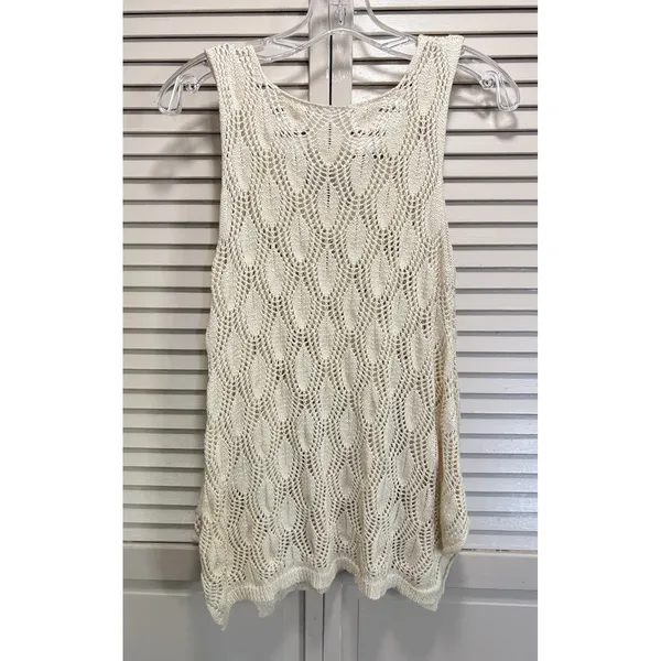 M LAK Cream Open Crochet Tank Top Size Large Relaxed Pockets Soft Boho - Image 4