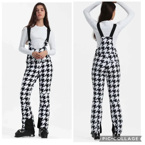 NEW GSOU Snow Women's Houndstooth Slim-Fit Stretch Fleece-Lined Ski Bibs Small - Image 2