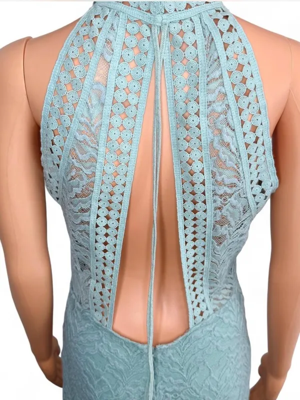 GUESS Sleeveless Mint Lace Halter Maxi Dress. Elegant mint lace halter maxi dress with delicate crochet trim. Soft mint color adds a fresh, feminine look. Halter neckline flatters the shoulders for a polished silhouette. Lightweight lace fabric offers breathable, comfortable wear. Ideal for weddings, garden parties, or special occasions. - Image 5