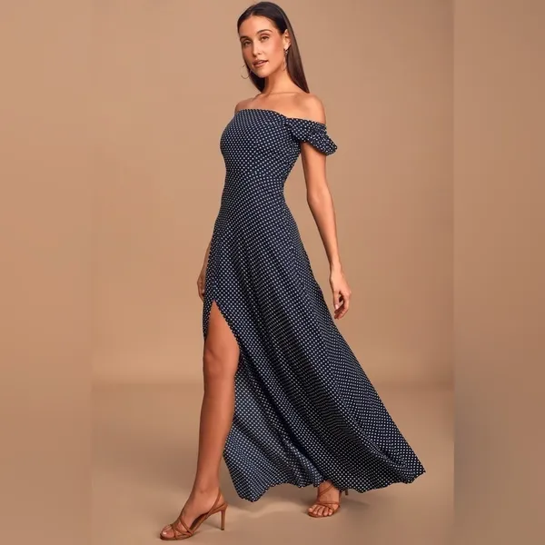 Lulus Dream Love Polka‎ Dot Off-the-Shoulder Maxi Dress In Navy Blue Size Small - Image 4