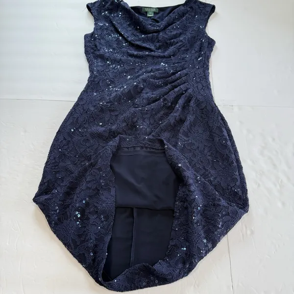Ralph Lauren Navy Blue Sequin Lace Cowl Neck‎ Sheath Sleeveless Dress Size 10 - Image 8