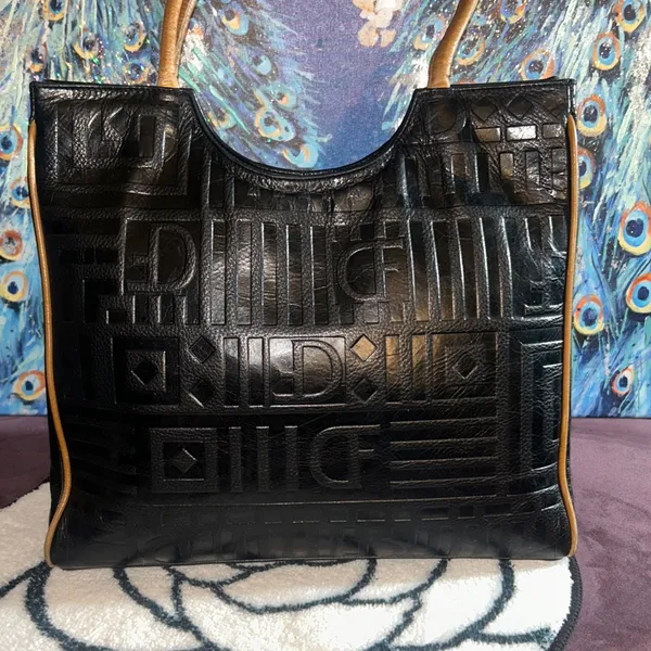 Due Fratelli Black With Tan Accented Leather Shoulder Tote Bag - Image 5