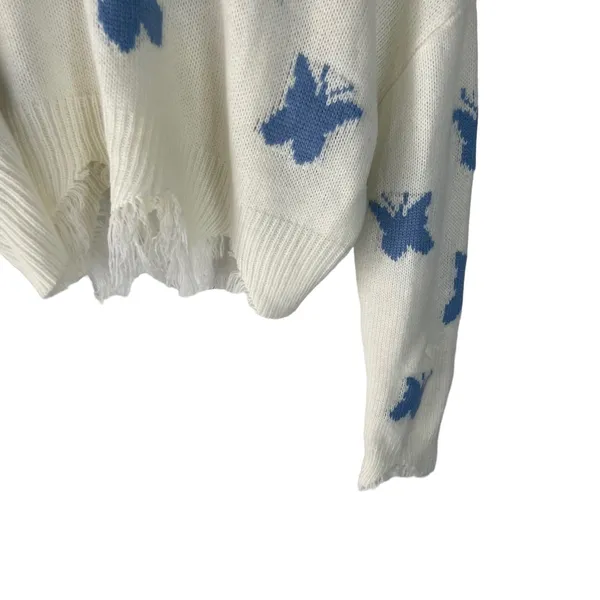 Just Polly Women White Blue Butterfly Distressed Cropped V-Neck‎ Sweater Large - Image 3
