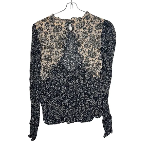 Boden Women's Top Ruffle‎ Georgette Round Neck Swing Paisley Blouse Black Sz. 10 - Image 7