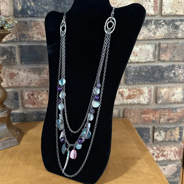Vintage 3 Tiered Purple, Pink, and Blue Abalone Necklace - Image 2