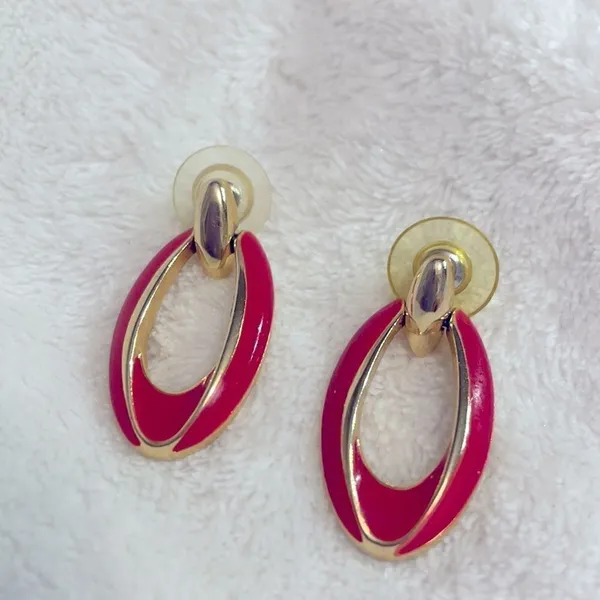 Y2K Vintage Red Enamel Oval Hoop Dangle Earrings - Image 3
