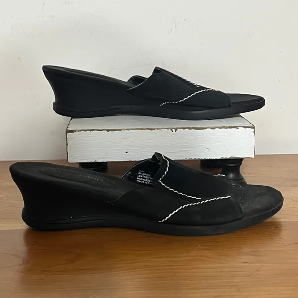 Eurostep Allspice Black Leather Wedge Sandals Slides White Stitching Womens‎ 9M - Image 2