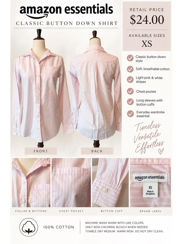 Amazon Essentials Classic Button Down Shirt XS Light Pink & - Image 2