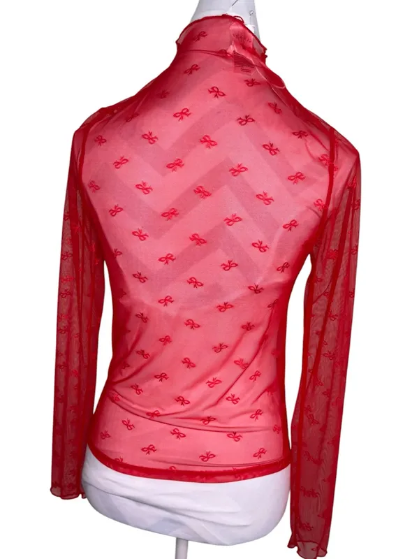 NWT Serra Red Mesh Bow Design Top Medium M Mock Neck Sheer Long Sleeve Aldi Find - Image 5