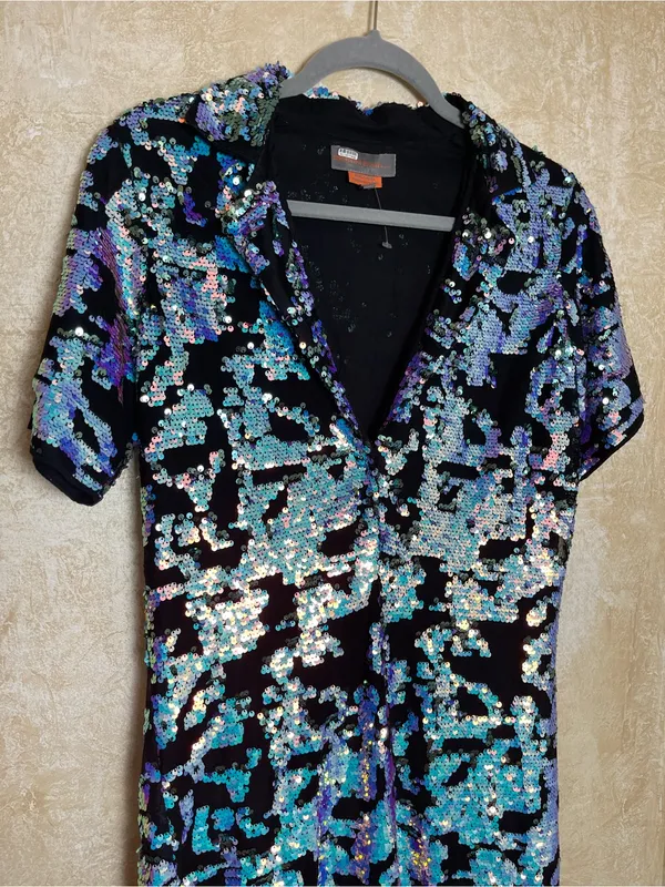 Bhanuni by Jyoti Sequin V-Neck Short Sleeve Mini Dress Black Multi Size Su - Image 9