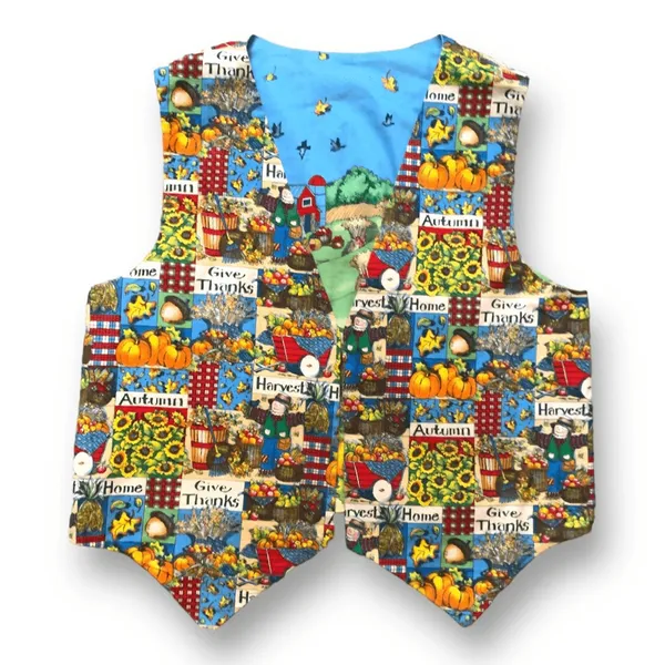 Vintage Handmade Reversible Vest Autumn Pumpkin‎ Scarecrow Farmhouse Blue Orange - Image 3