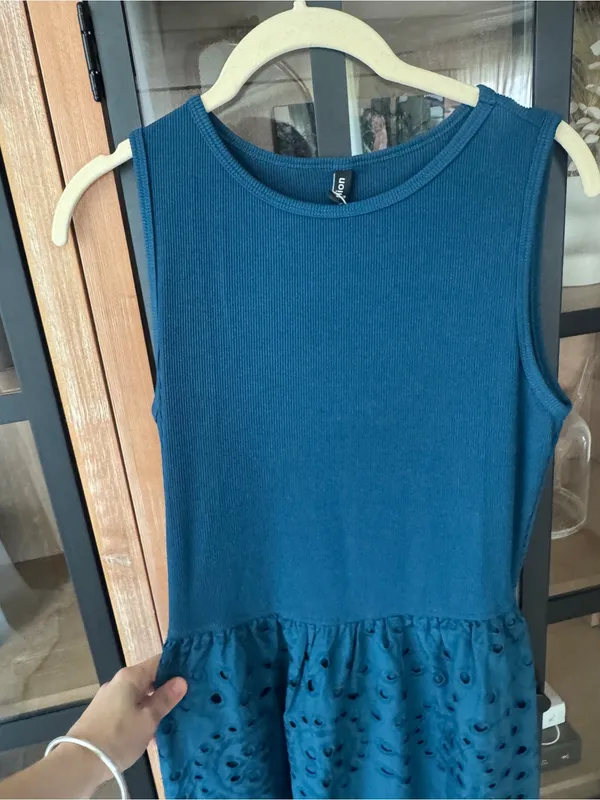 NWT Amazon eyelet maxi dress teal sleeveless drop waist midi pockets cotton - Image 7