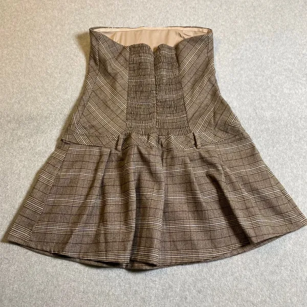 Kirious Plaid Mini Dress Women's XL Brown Strapless Pleated Smocked Preppy‎ EUC - Image 2