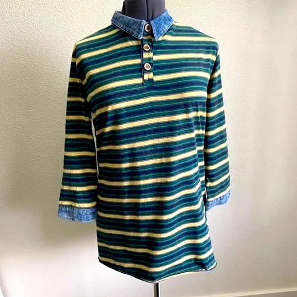 POL Stripe Polo Cotton Shirt Women 8/10 Small Denim Collar Button Cuff Wrist - Image 3