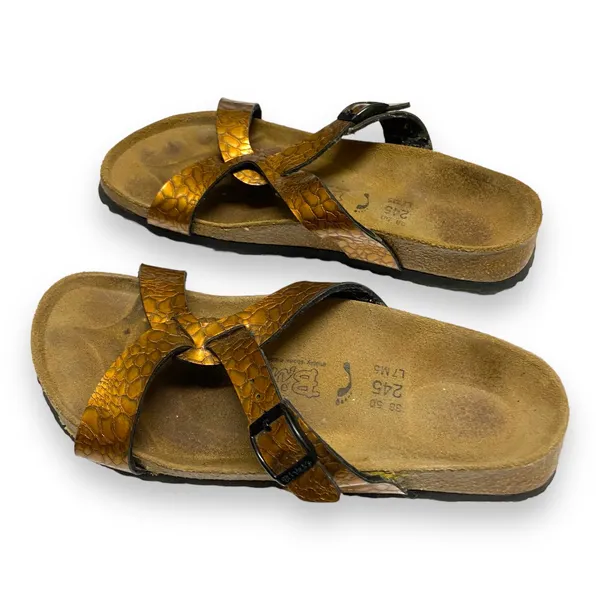 Birkenstock Birki's Sandals Sz 38‎ 7 5 Copper Bronze Snakeskin Print Shoes - Image 4