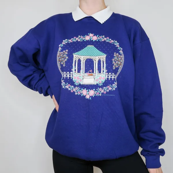 Vintage 90s Purple Floral Gazebo Graphic Collared Sweatshirt - Image 2