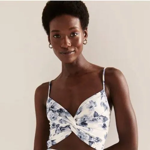 Abercrombie & Fitch Floral Cami Crop Top Smocked Twist Front Blue White‎ S - Image 2
