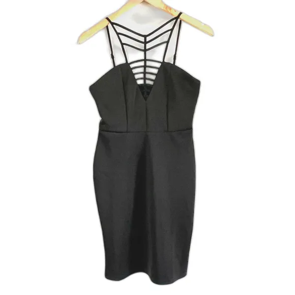 Club L London Black V-Neck Cage Detail Mini Dress Size 6 Sexy Party LBD - Image 5