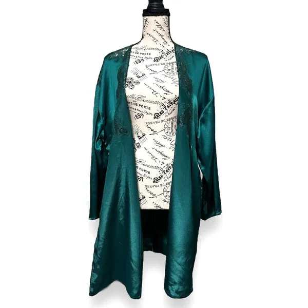 Victorias Secret Vintage Emerald Satin Lace Kimono‎ Robe Gold Label Old Money - Image 6