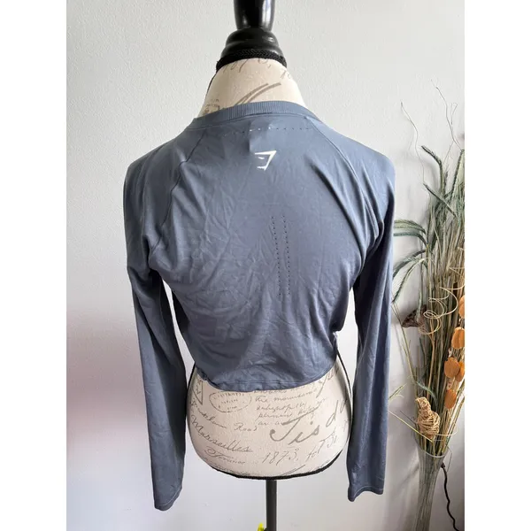 Gymshark Womens Seamless Long Sleeve Crop Top Steel Blue Drawstring B3A6H Size S - Image 4