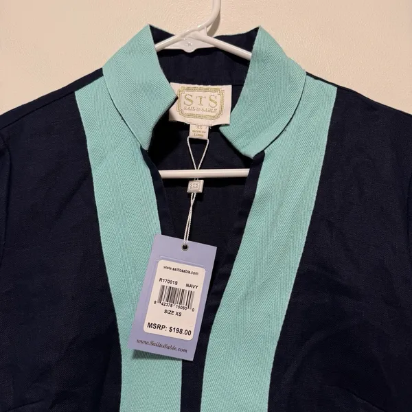 Sail to Sable NWT Linen Long Sleeve Tunic Dress in‎ Navy with Turquoise Trim XS - Image 2