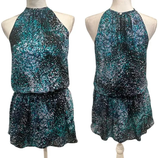 Ramy Brook Teal Printed‎ Paris Silk Mini Drop Waist Sleeveless Blouson Dress XS - Image 2
