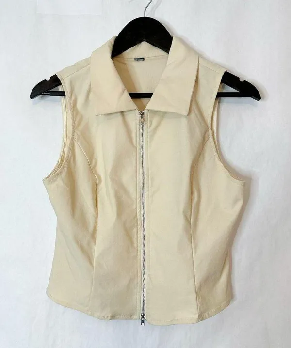 NWOT Cider Woven Collar Solid Zipper Tank Top Beige | TAGS CUT OUT SEE NOTES - Image 9
