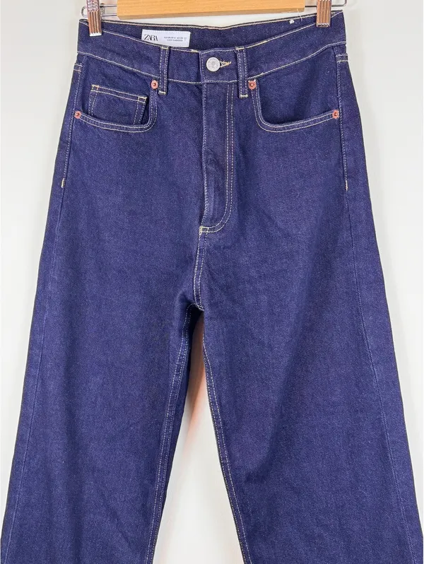 Zara High Rise Wide Leg Jeans Dark Indigo Blue 100% Cotton Size US 6 EU 38 - Image 3