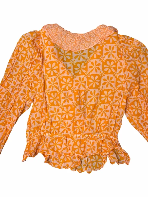 Free People 70s Retro Orange Pink Floral Ruffle Wrap Blouse Boho Peplum Top L - Image 4