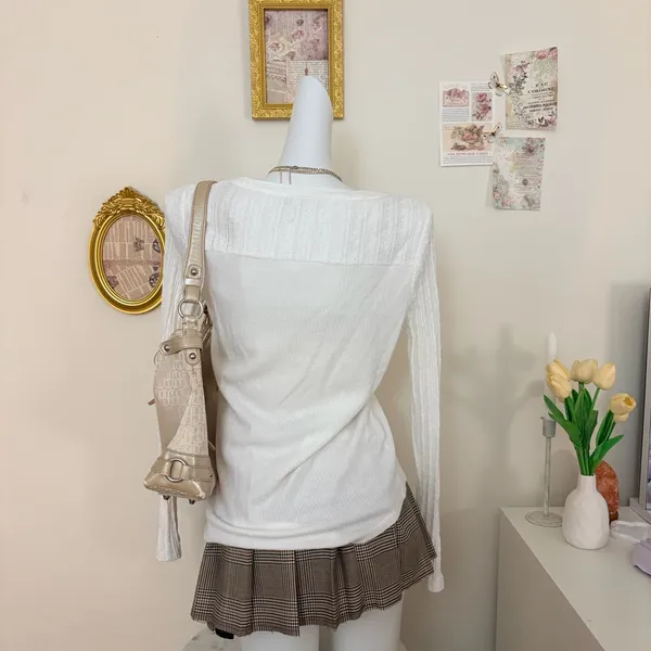 Sonoma White Thermal Waffle Knit Henley Top Long Sleeve Y2K Coquette Womens Size - Image 4