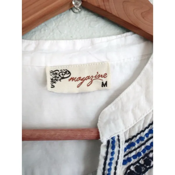 Boho Embroidered Tunic Blouse Cotton Peasant Top White Floral Resort Coverup M - Image 6