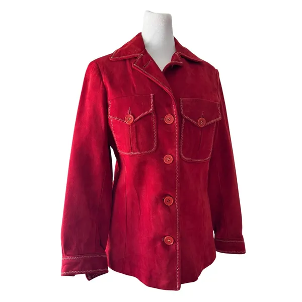 Vintage ‘70s Red Suede Button Front Collared Jacket Size XXS - Image 2