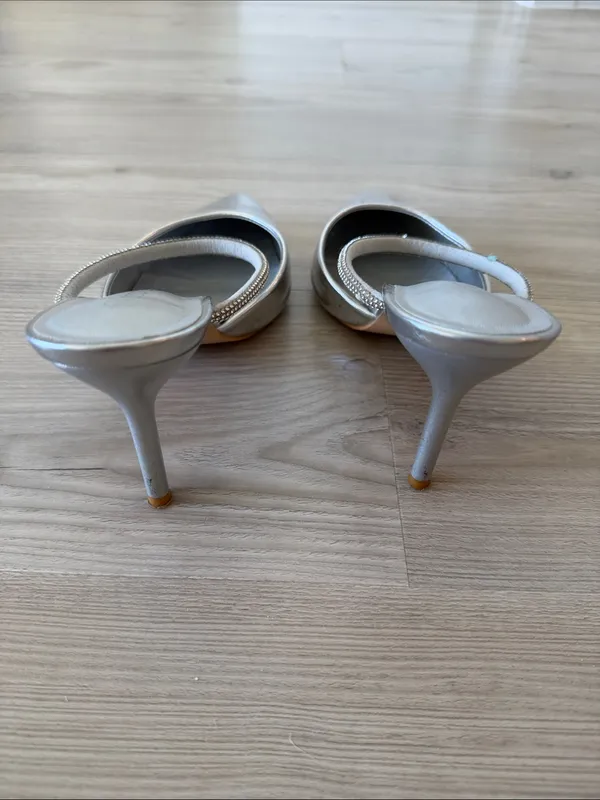 Boohoo Silver Metallic Pointed-Toe Heeled Mules with Embellished Strap - Image 3