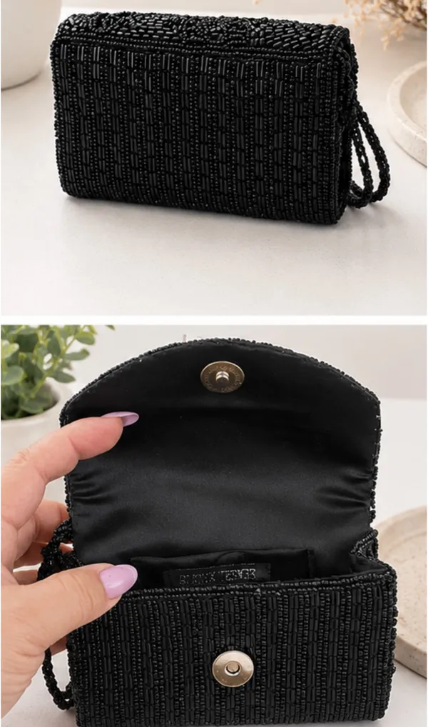 Vintage Black Beaded Evening Bag Floral Mini Clutch Purse - Image 2