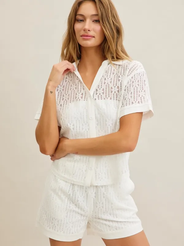 Rivir White Eyelet Button Front Top & Shorts Set Medium - Image 8