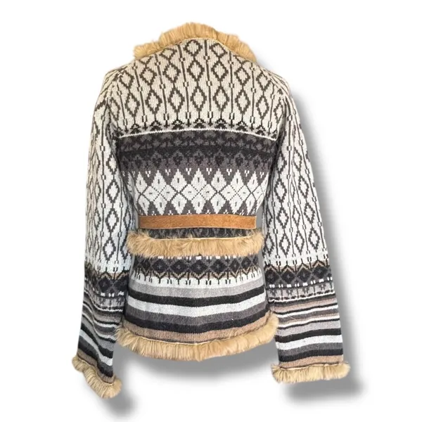 Vintage Y2K Fair Isle Shetland Wool Knit Cardigan Rabbit Fur Trim Belted Scarf‎ - Image 5
