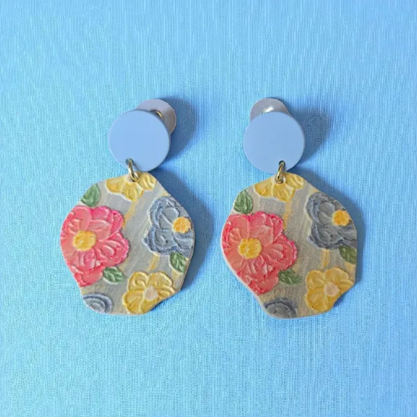 Flowerful Colorful Embossed‎ Acrylic Earrings with Blue Studs - Image 5