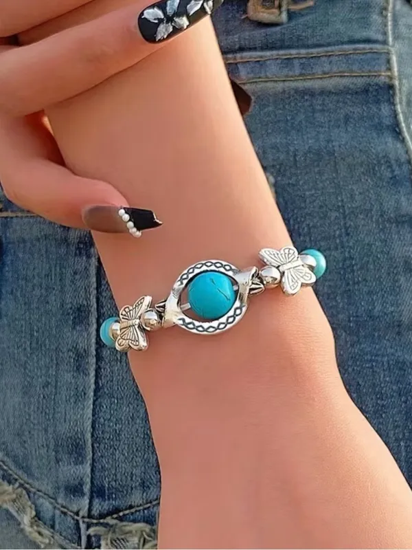 Turquoise Butterfly Silver Beaded Women’s Bracelet - Image 2