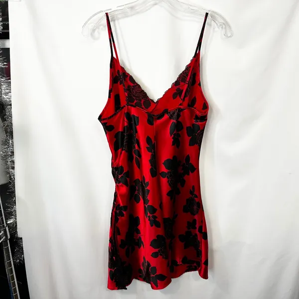 Satin Gown Medium Nightgown Slip Nightie Babydoll Red Black Rose Lace Trim‎ 1810 - Image 2