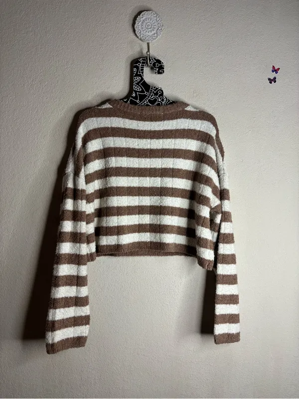 Altar'd State V-Neck Cropped Striped Sweater in Brown and Cream size small - Image 2