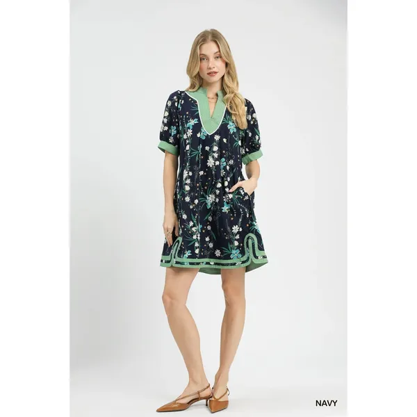 Umgee Floral Puff Sleeve Dress with Contrast Trim - Navy - Small - Image 4