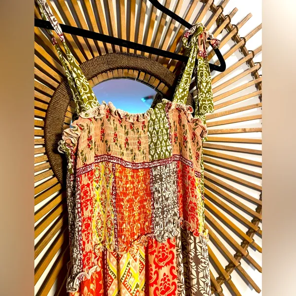 Abel the Label Bohemian Multicolor Patchwork Smocked Maxi Dress with Tie Straps - Image 4