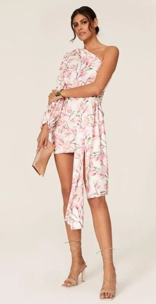 BRONX AND BANCO Layla Floral Pink White One Shoulder Silk Bow Mini Dress Size S - Image 2