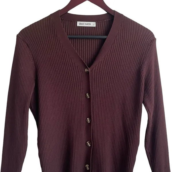 Grace Karin Women Cardigan Sweater L Brown Ribbed Fitted Preppy Academia‎ Office - Image 4
