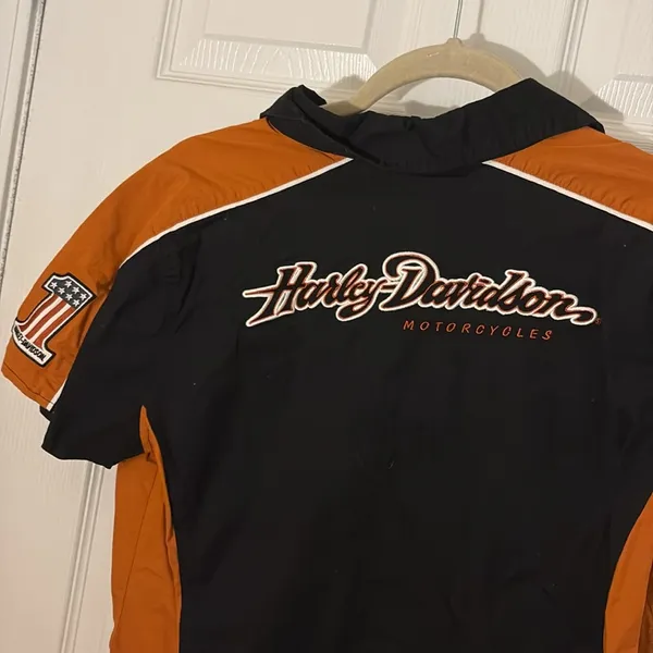 Harley Davidson Black and Orange Short Sleeved Button Up Shirt Size Large - Image 6