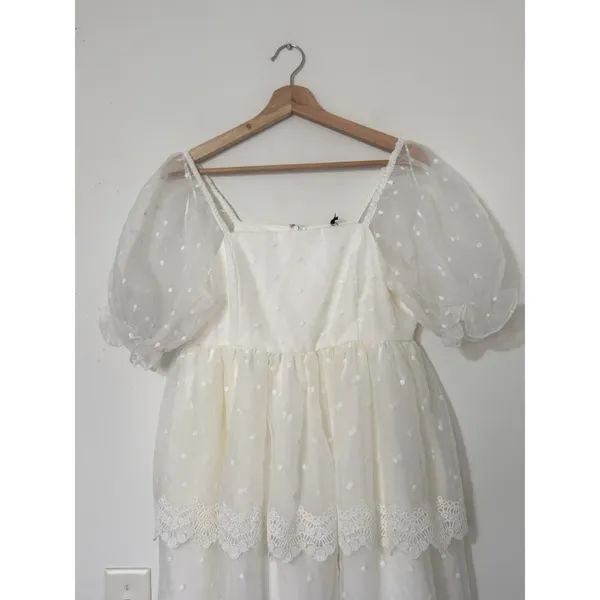 English Factory White Polka Dot Tulle Mini Dress M Cottagecore Puff Sleeve NWT - Image 4